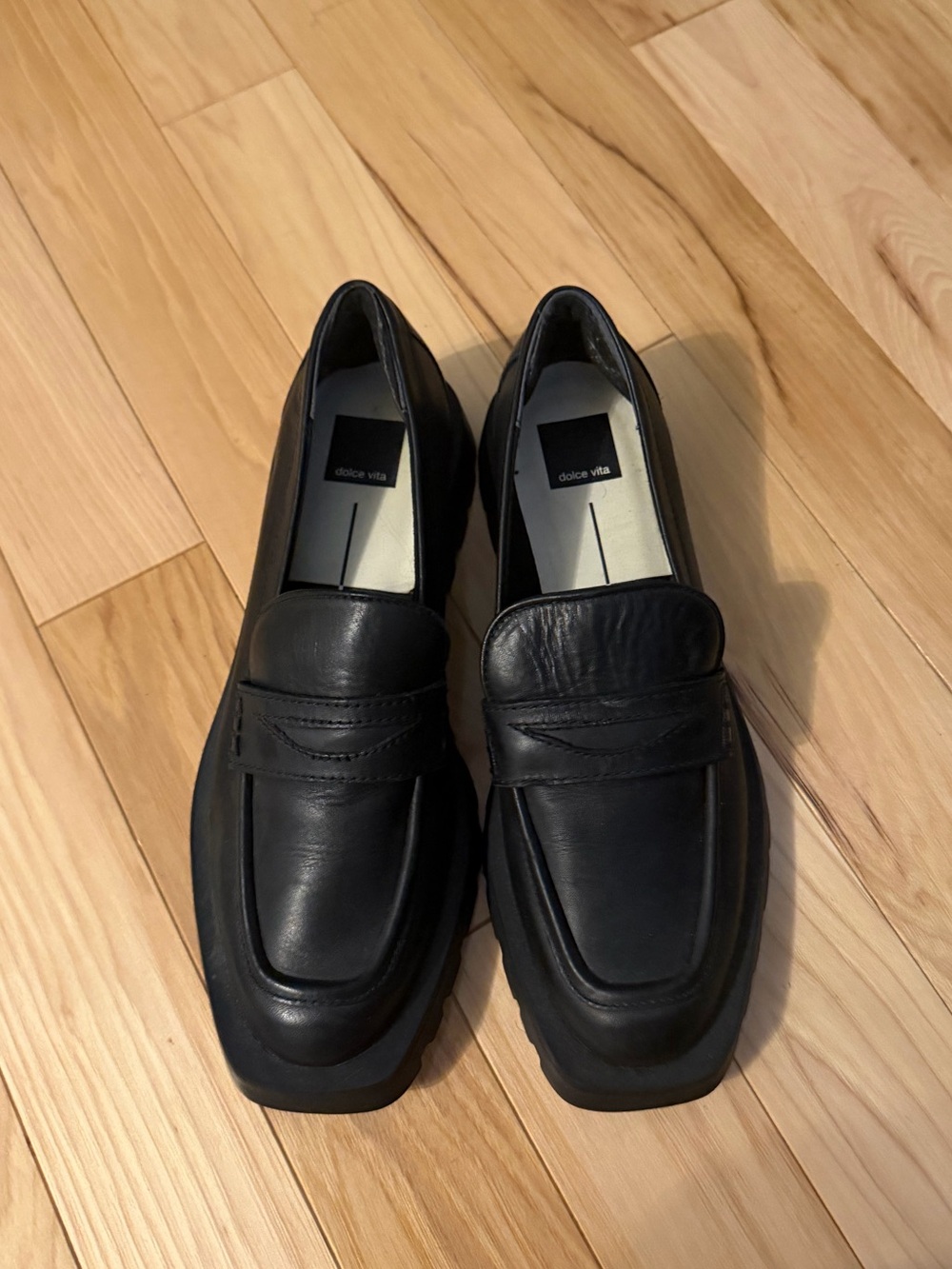 Dolce Vita Black Leather Penny Loafers with Square Toe
